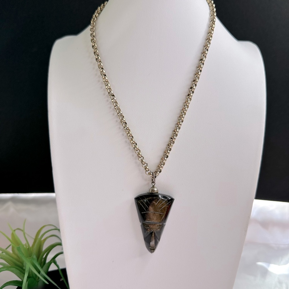 Rare Vintage Carved Aztec Man Warrior Gold Sheen Obsidian Pendant Necklace